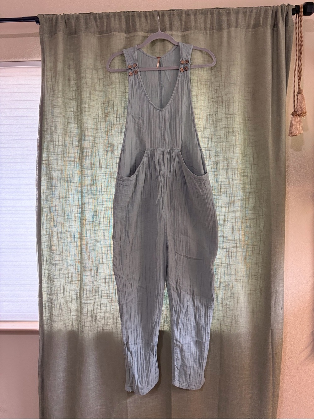 Free People Light Sage Green Washed Gauze Overalls Jumpsuit